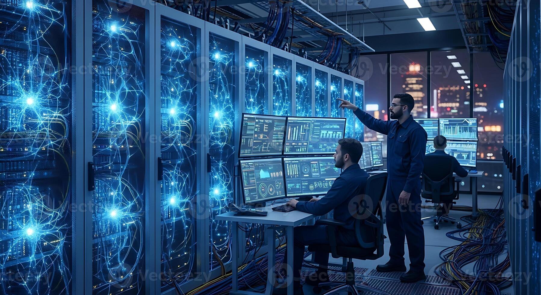 Data Center Technicians Monitoring Servers with Glowing Neural Network Visualization photo