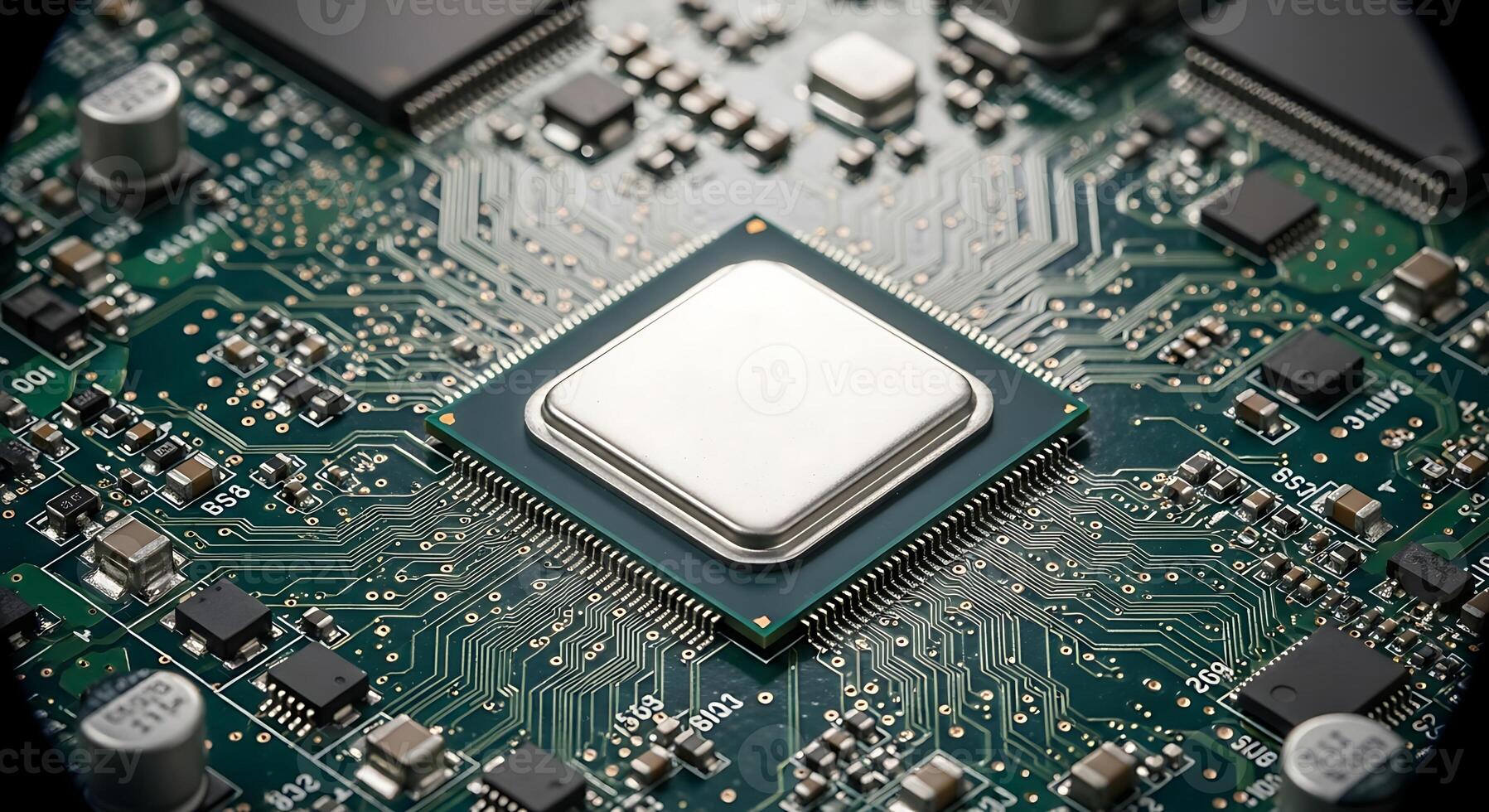 Close up of a Modern Circuit Board with Processor Technology Background photo