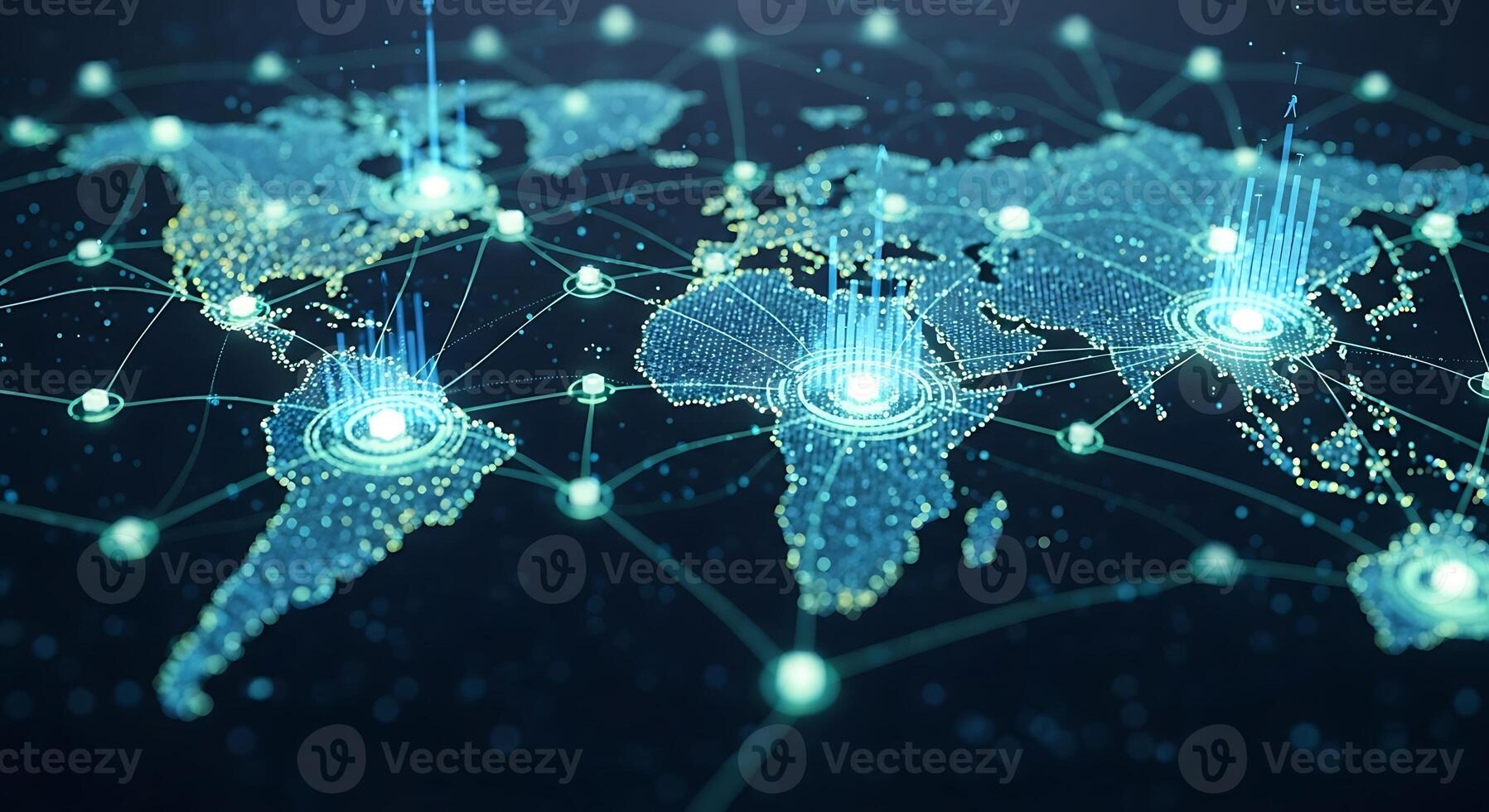 Global Network and Technology Connections World Map Showing Data Transfer Visualization photo
