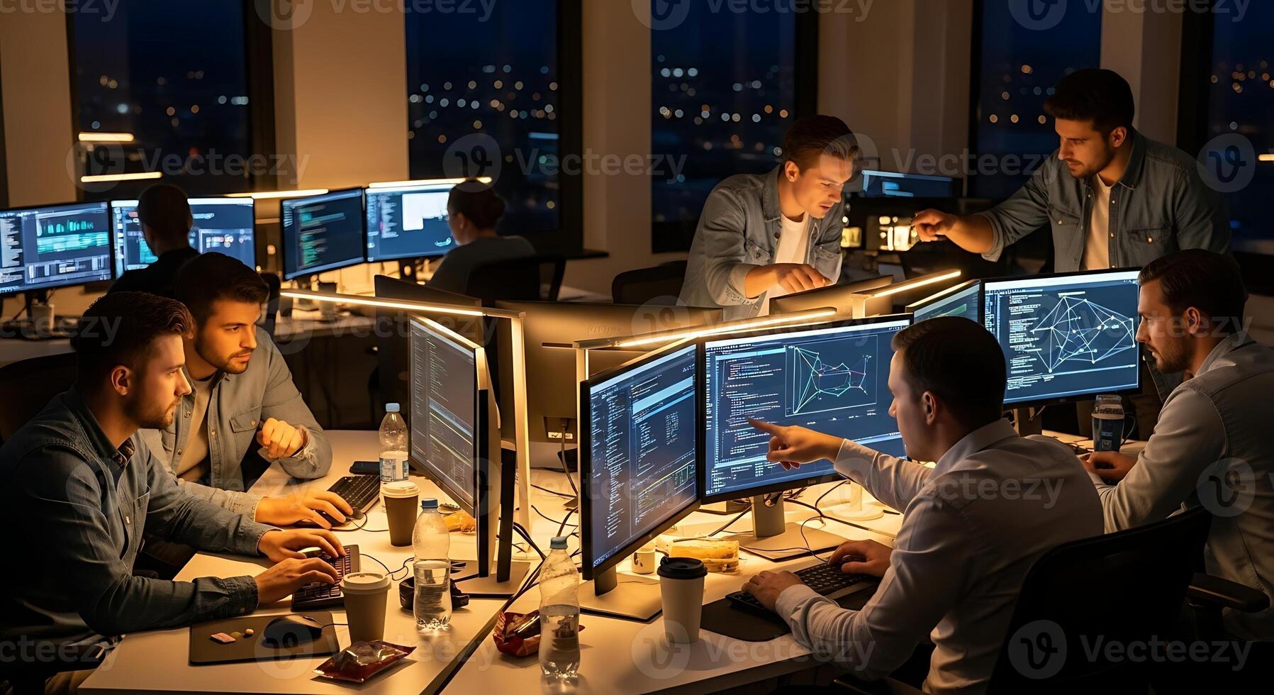 Software Developers Team Working Late At Night on Computer Code photo