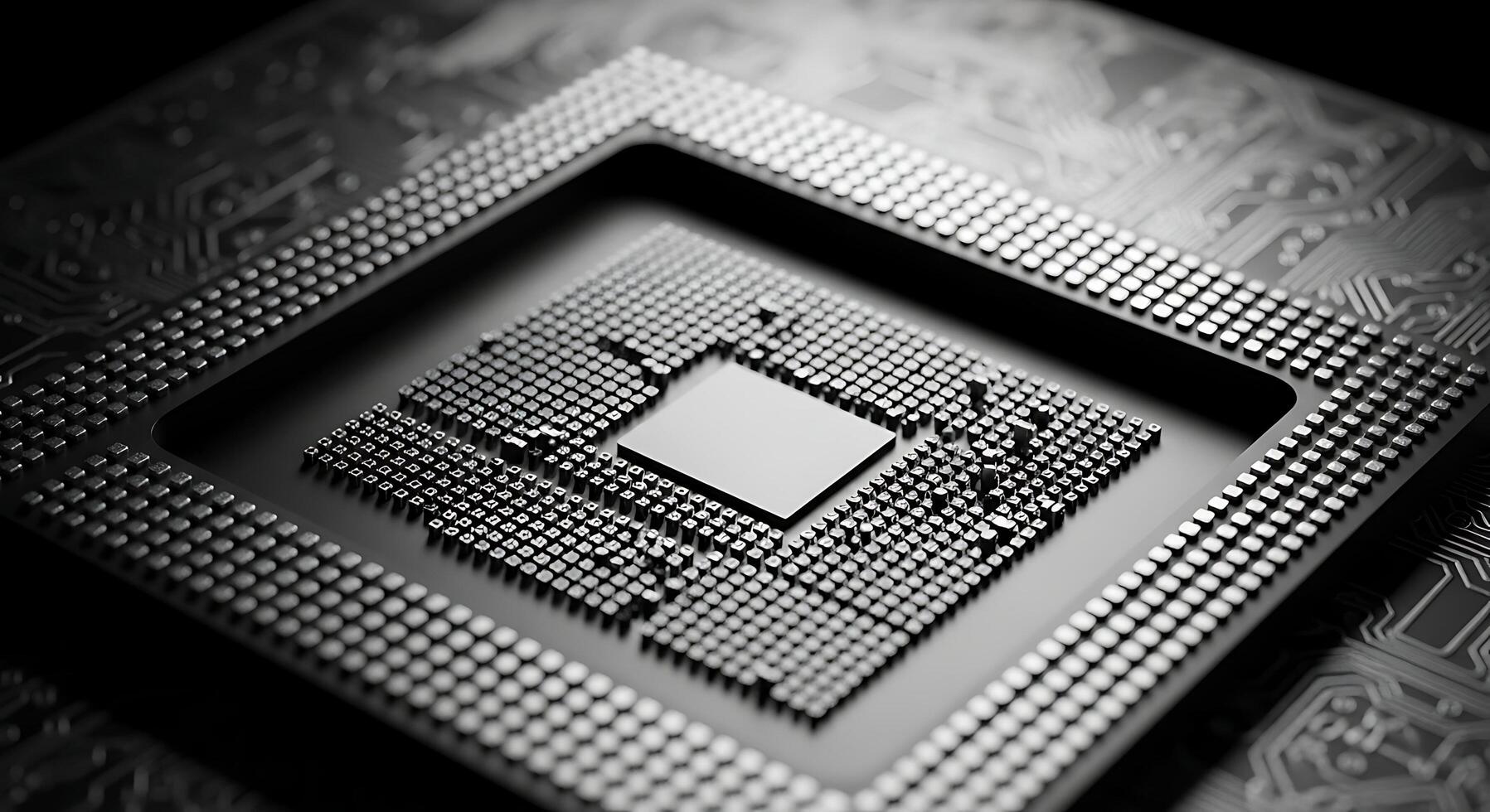 Close up of a Central Processing Unit CPU Microchip Electronic Components Modern Computer Technology photo