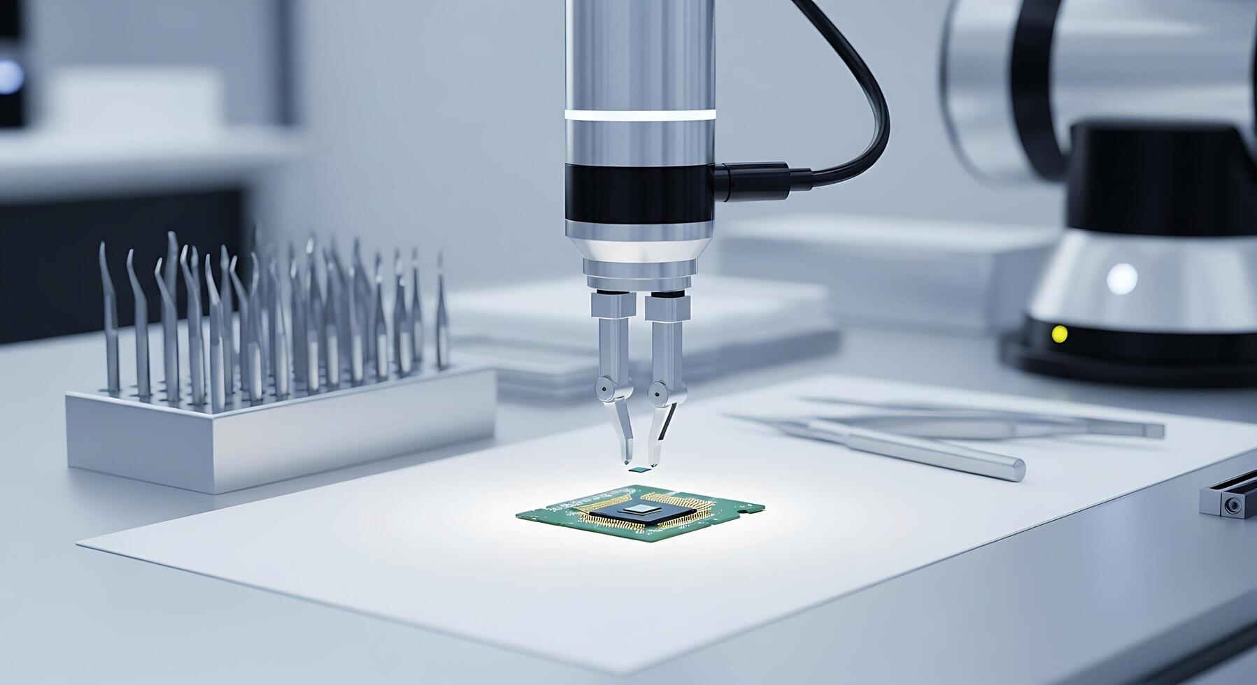 Robotic Arm Placing Microchip on Circuit Board Semiconductor Automation Concept photo