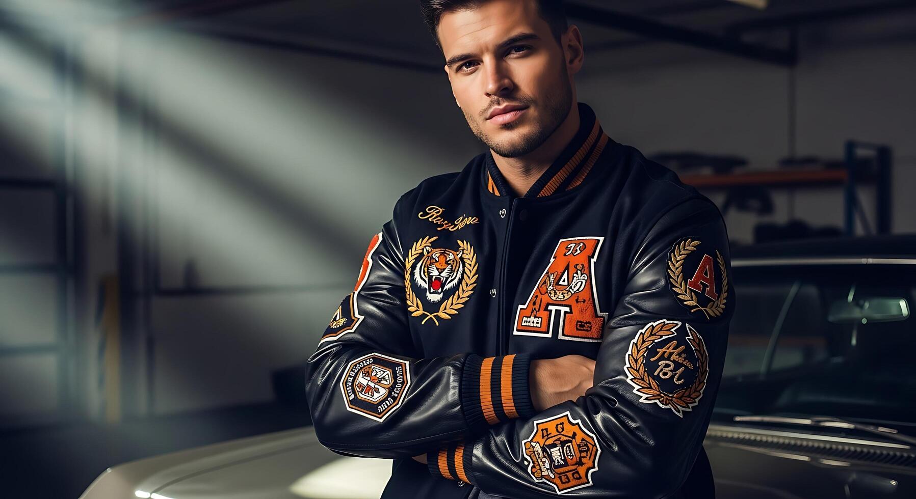 Confident Man in Varsity Jacket Leaning on Classic Car Style and Success photo