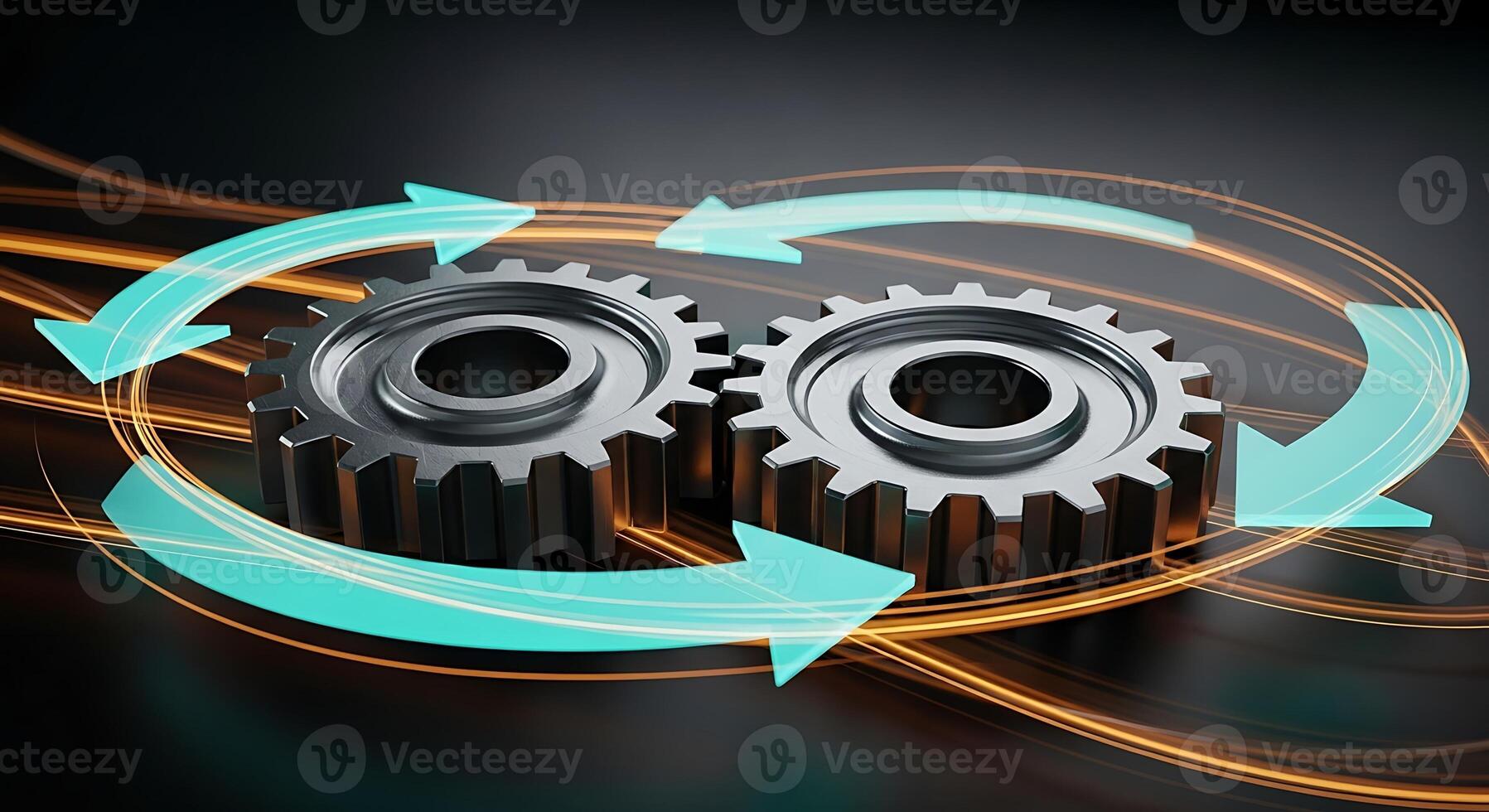Interlocking Gears and Arrows Symbolizing Synergy Integration and Workflow Automation in Business and Technology photo