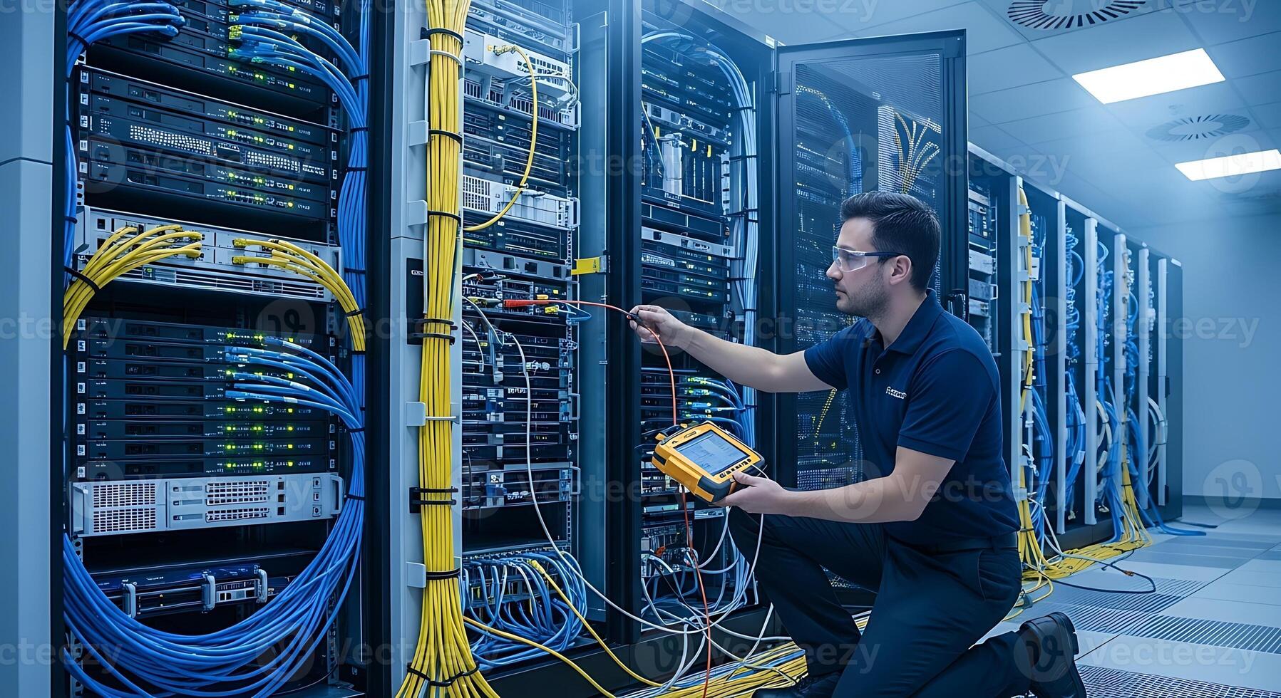 IT Engineer Working in Data Center Server Room Network Infrastructure Technician photo