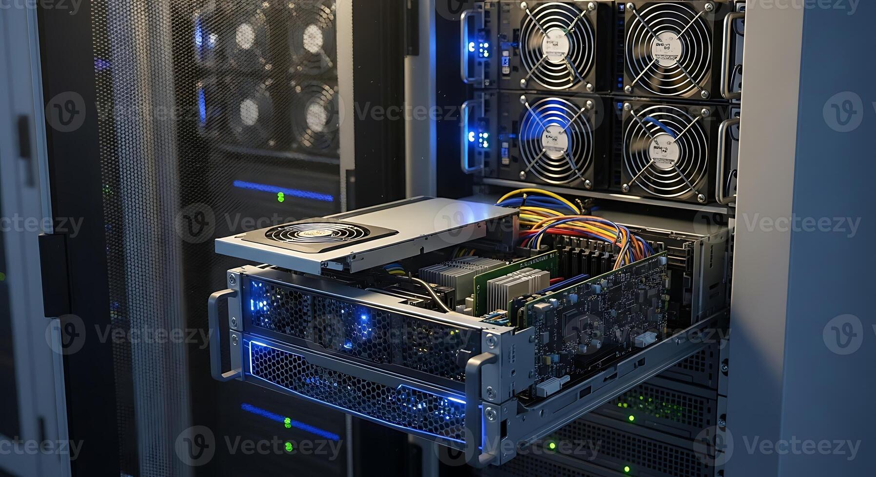 Modern Data Center Server Rack Display with Fans and Circuit Boards photo