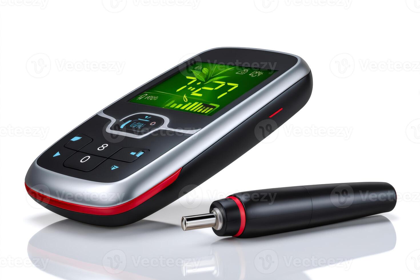 Glucose meter showing current glucose level and lancing device lying on white background photo