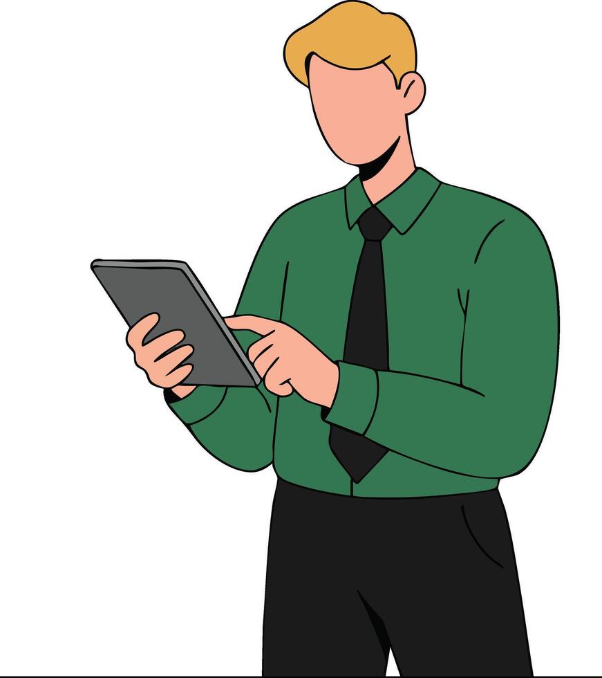 Man using tablet device with green shirt and black tie in modern digital interaction illustration vector