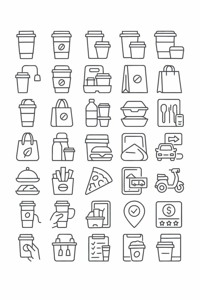 Food delivery and takeout service line icon set. A collection of minimalist symbols for to-go coffee, fast food, and online ordering apps. graphic elements vector