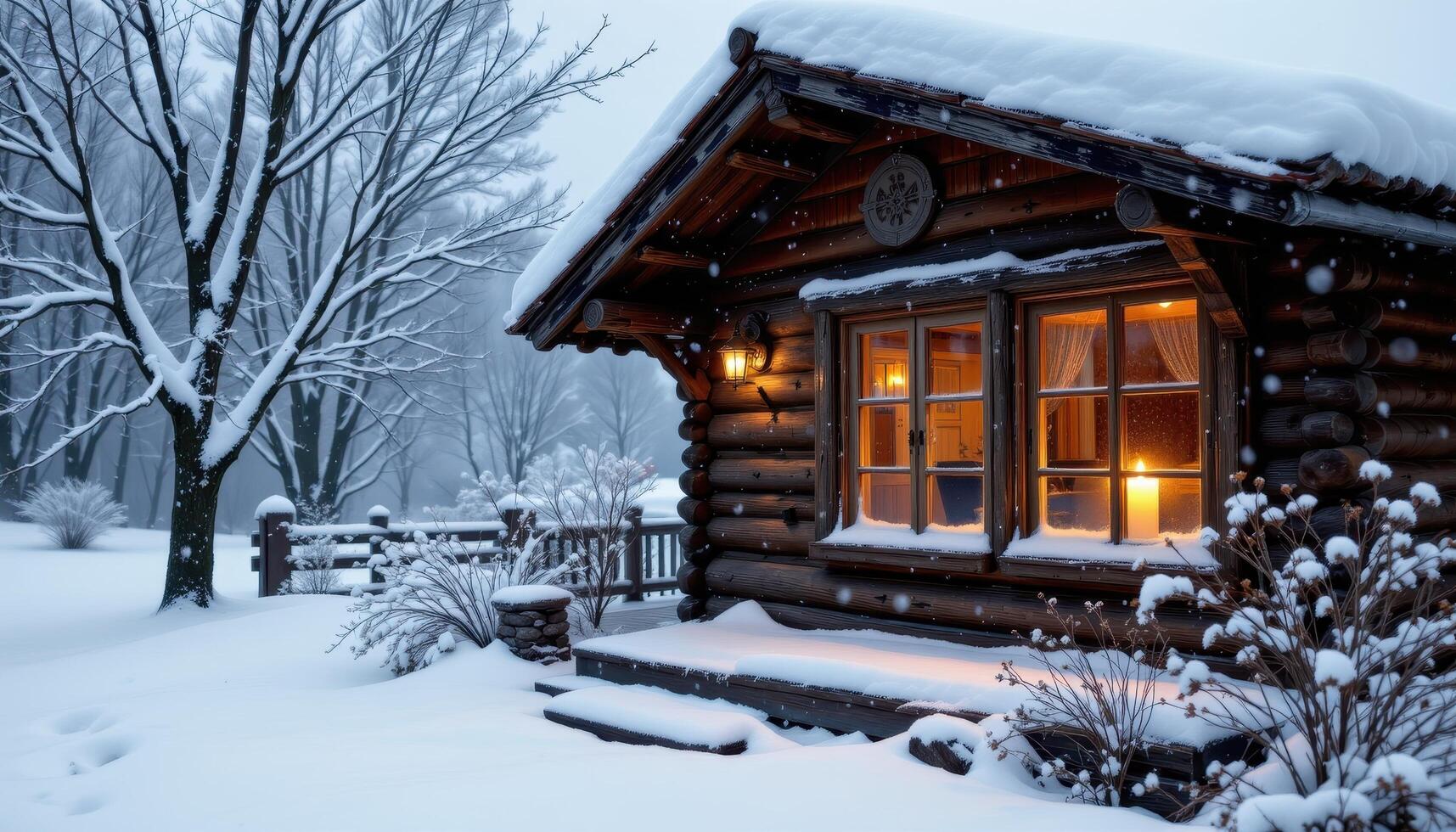 frosted windows on a rustic hut reflect soft candlelight beneath blankets of fresh falling snow. photo