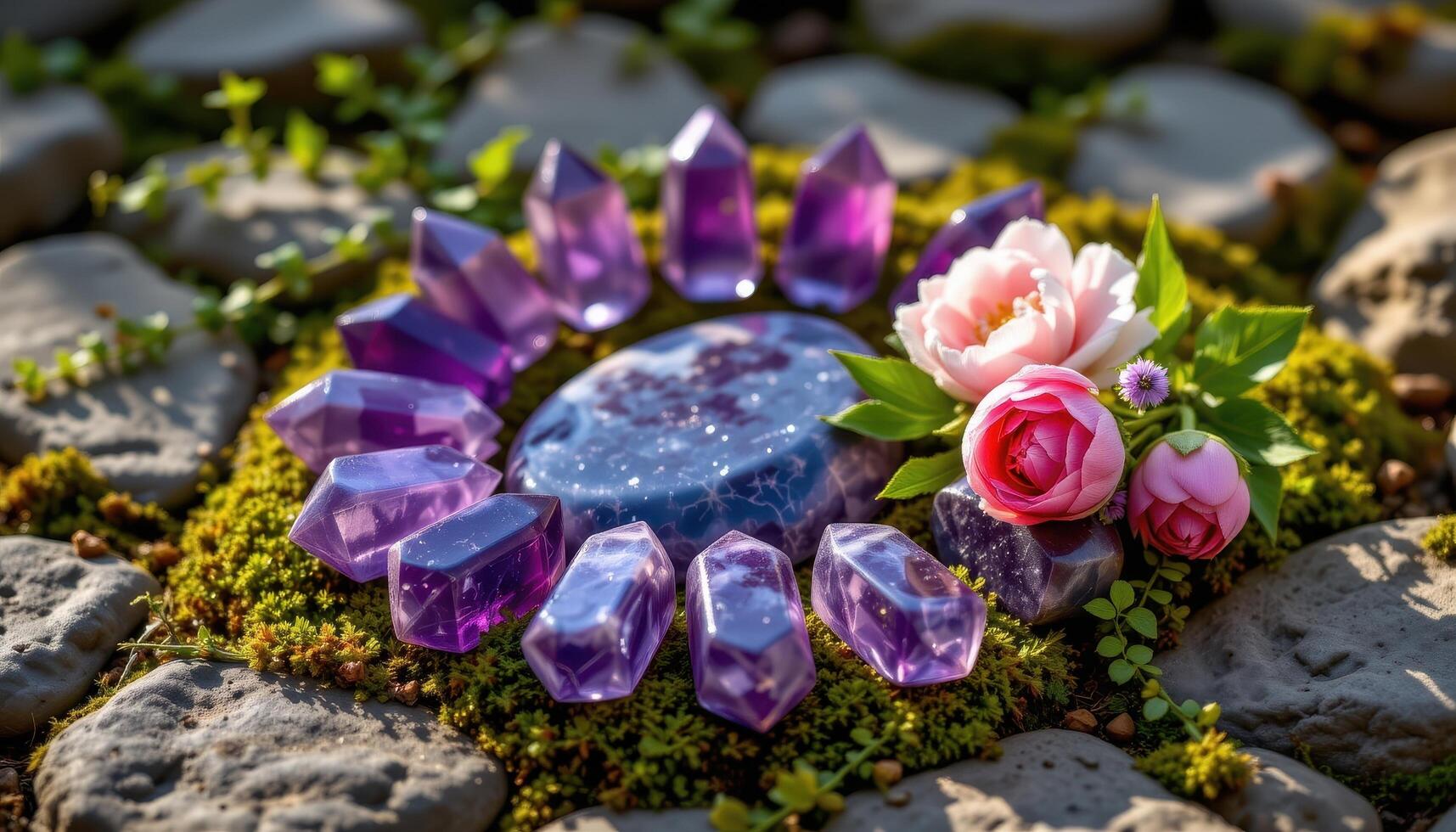 amethyst points arranged in a circular pattern with tulips, peonies, and trailing ivy resting on mossy stones, reflecting warm light. photo