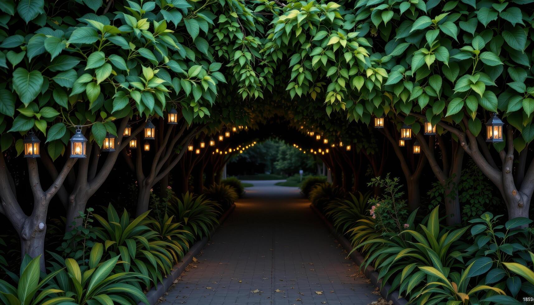 lantern lit garden path at night, dense greenery above and around, calm, empty, and completely silent. photo