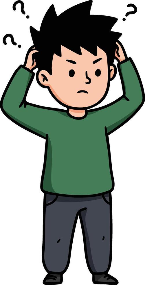 Confused boy scratching head with question marks above in simple cartoon style illustration vector