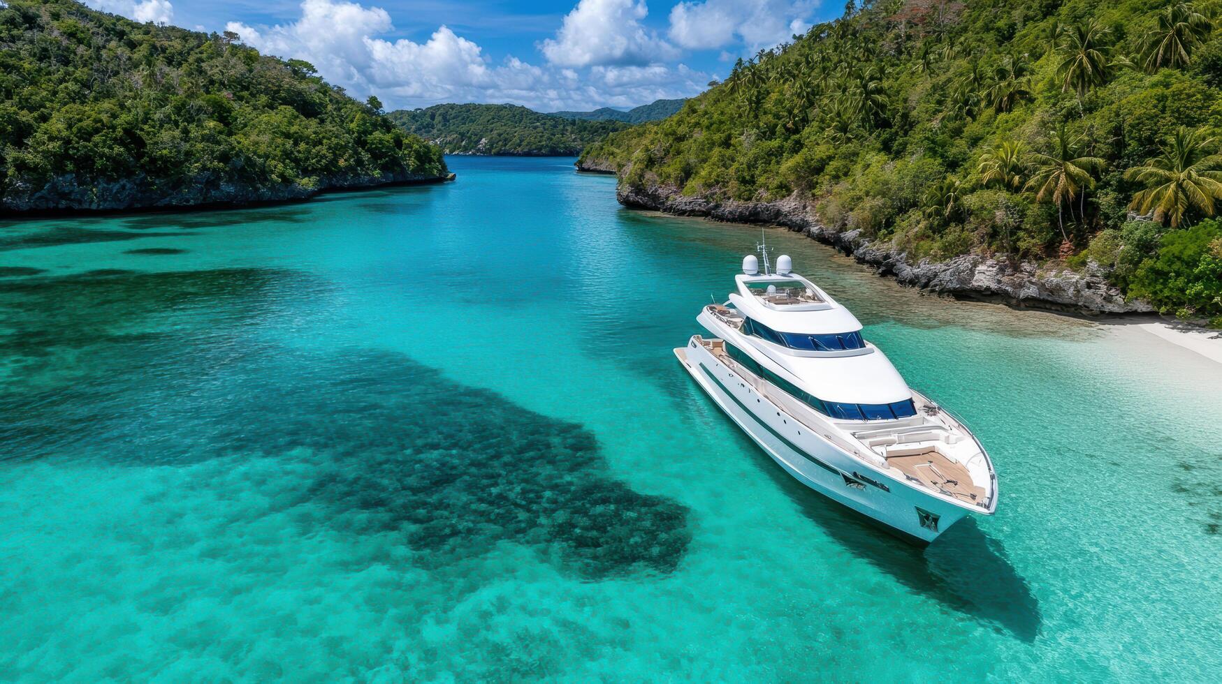 A luxury yacht is anchored in the clear blue water photo