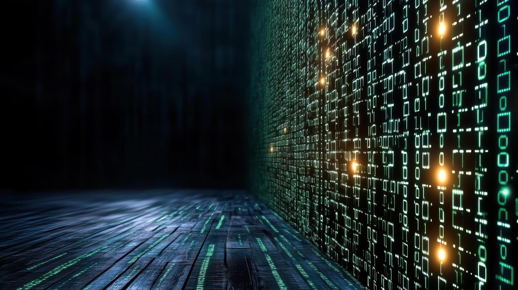 A dark room with a computer screen and binary code photo