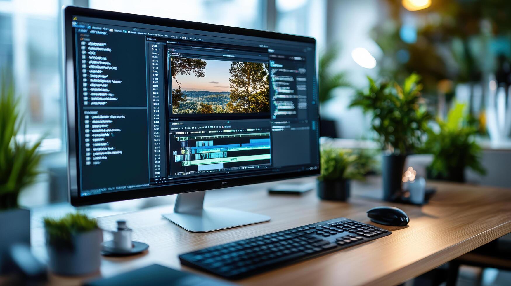 un computadora monitor con edición software en eso foto