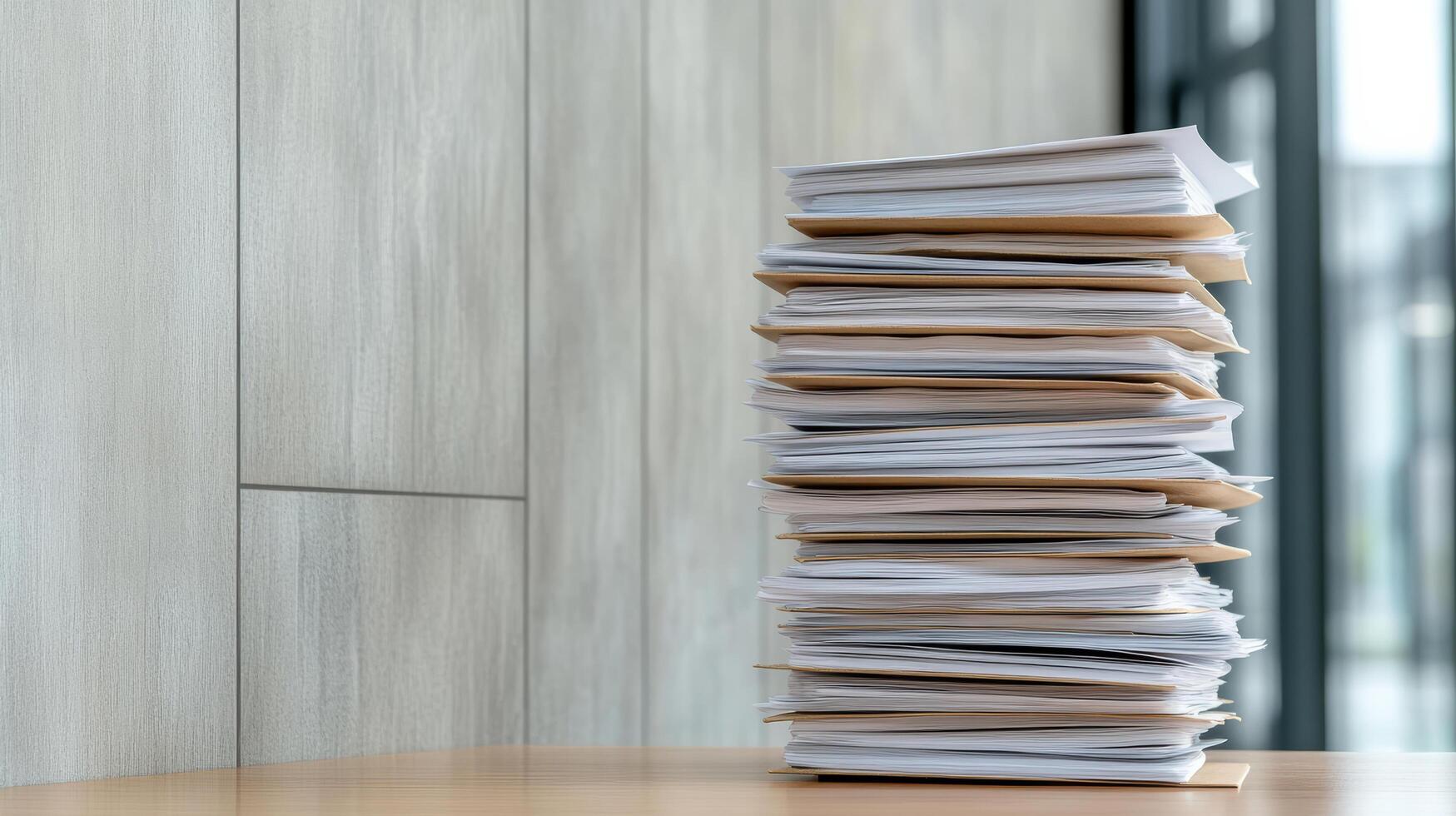 A stack of papers on a table in front of a window photo