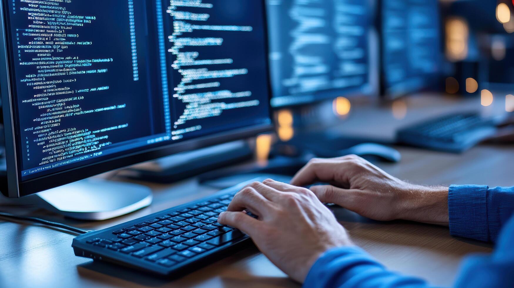 A person typing on a keyboard in front of two computer screens photo