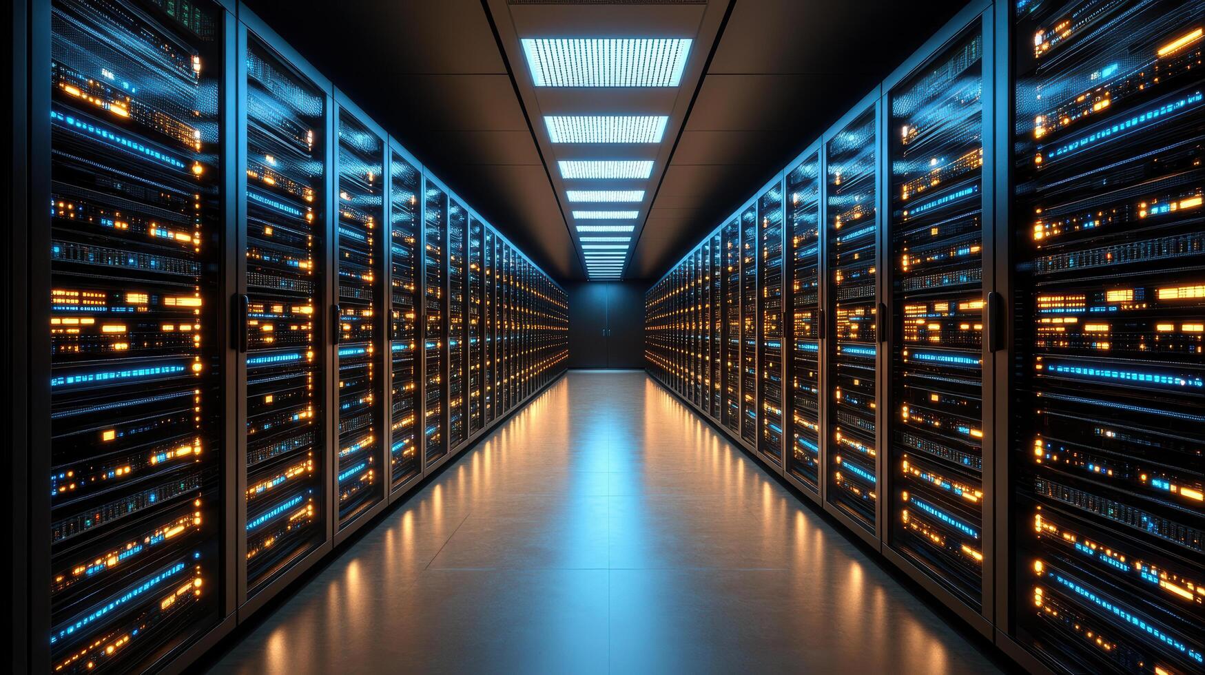 A long hallway in a data center with rows of servers photo