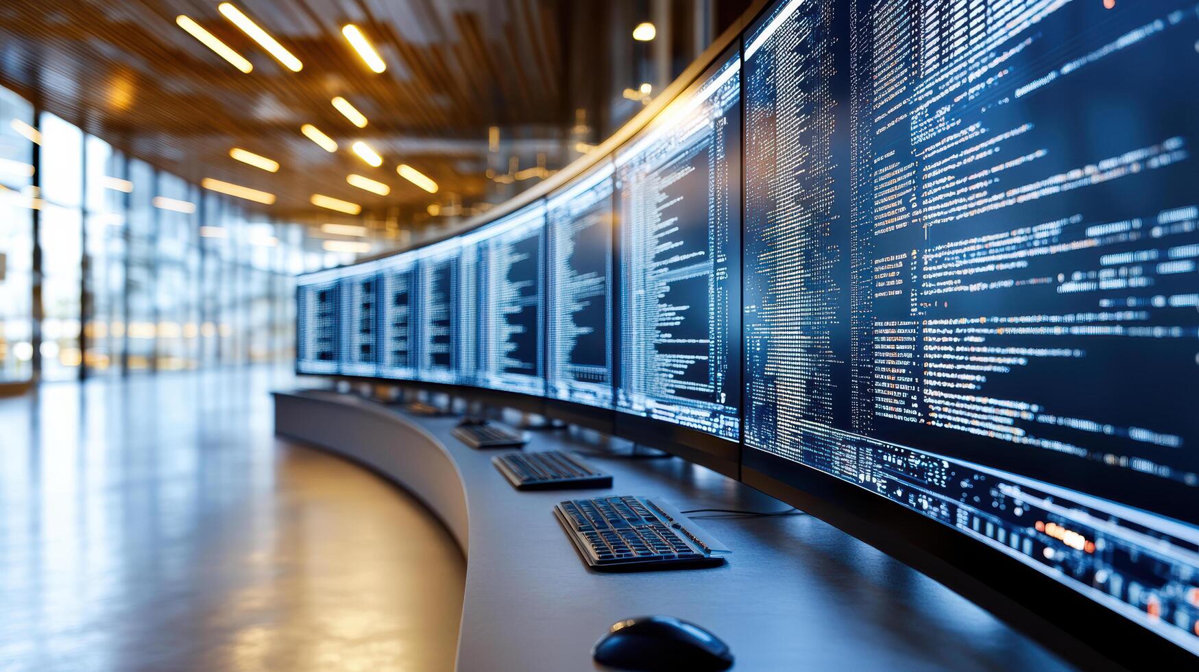 A long row of computer screens in a room photo