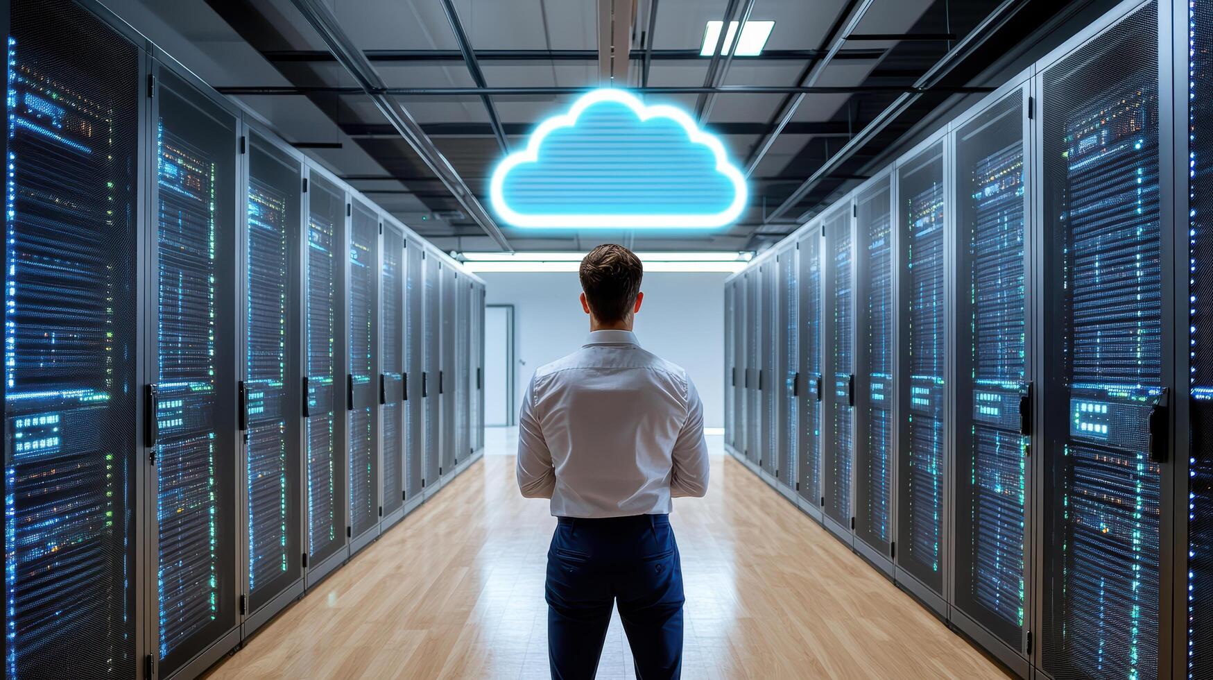 Man standing in front of servers with cloud computing photo