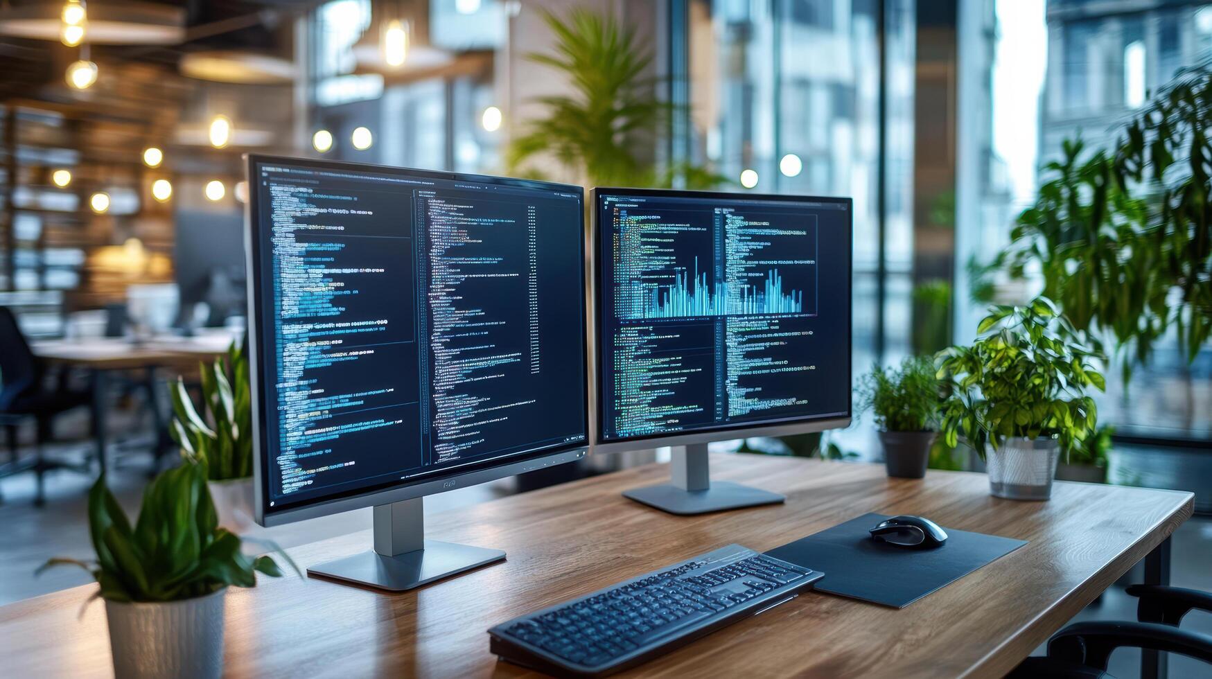 Modern workspace featuring dual monitors displaying code and data visualizations, surrounded by photo
