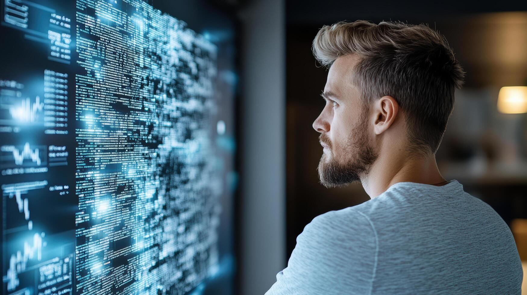 un hombre mirando a un computadora pantalla con binario código foto