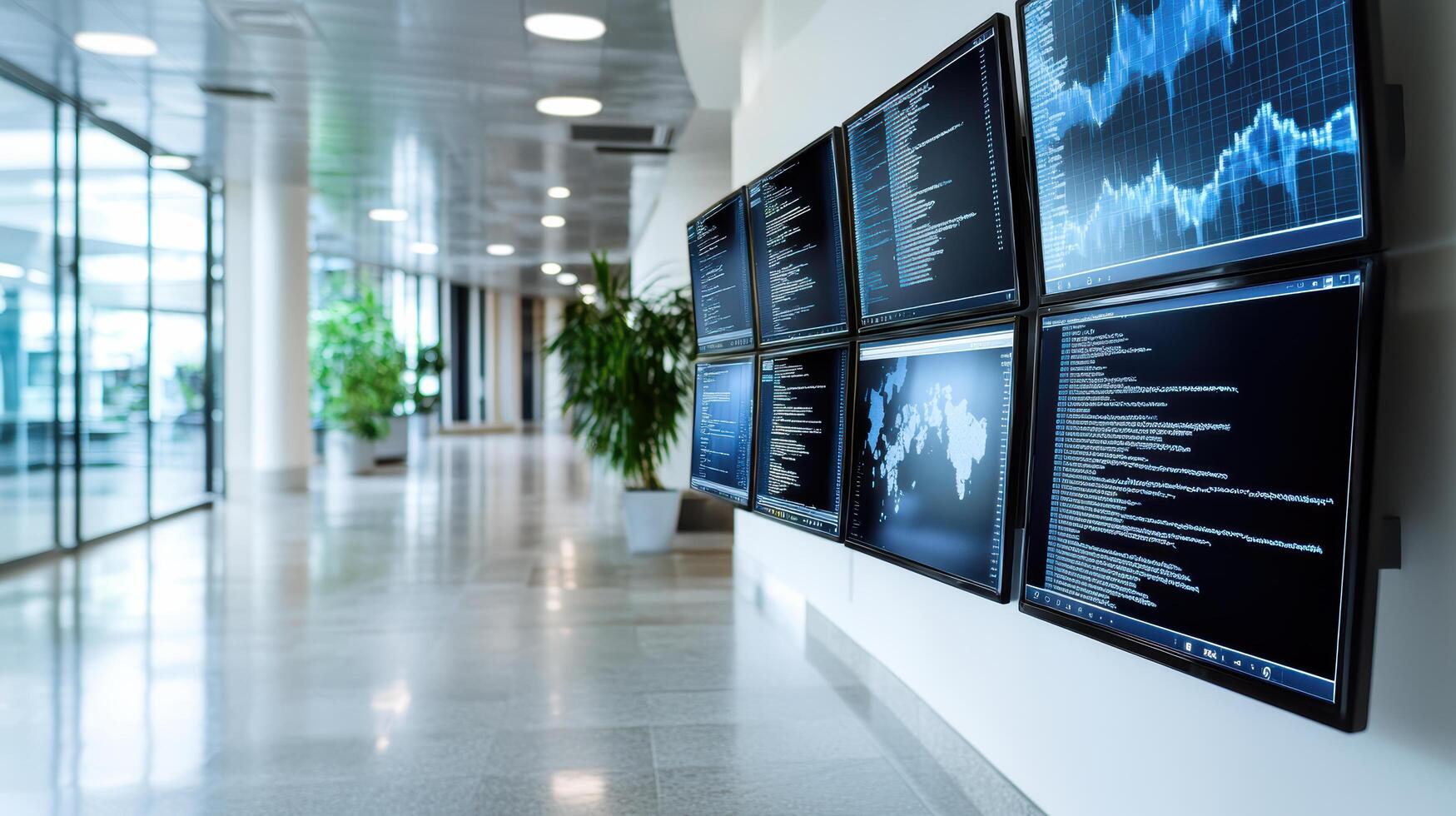 A hallway with several monitors showing different graphs photo