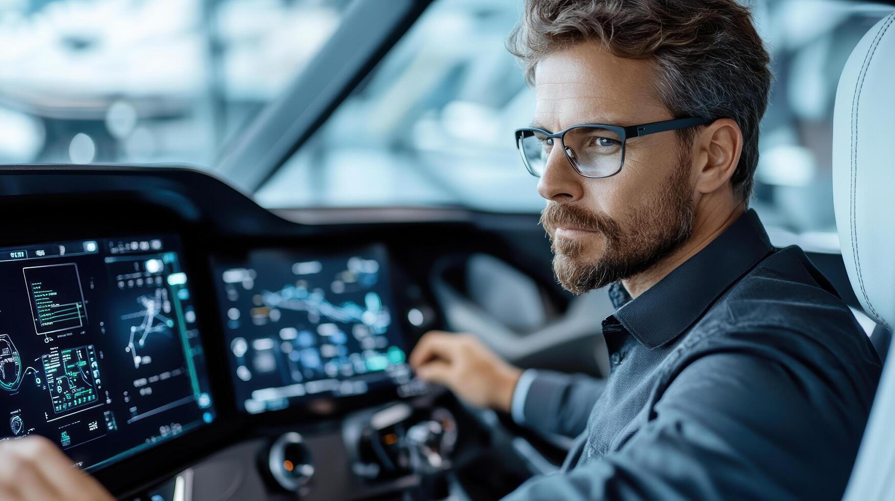 A man in glasses is driving a car with a computer screen photo