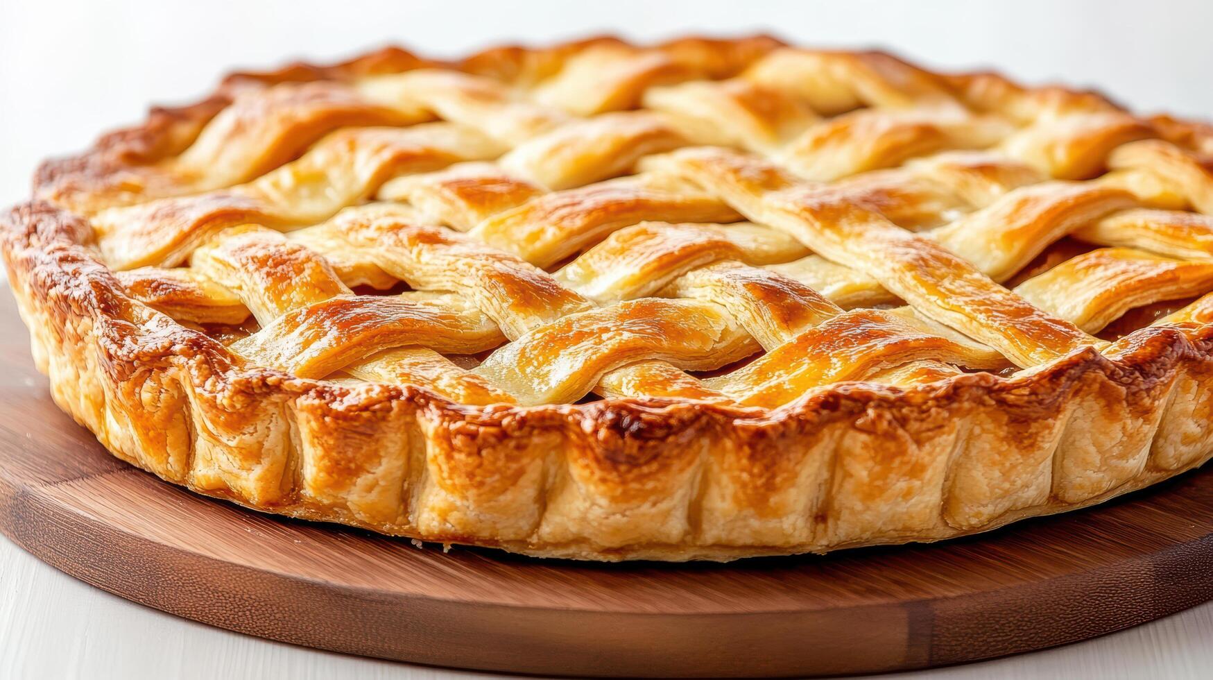 A pie on a wooden board with a lattice pattern photo