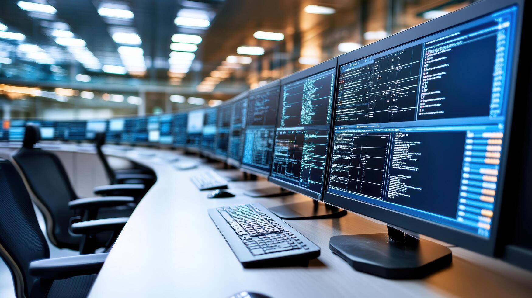 A row of computer monitors in a control room photo