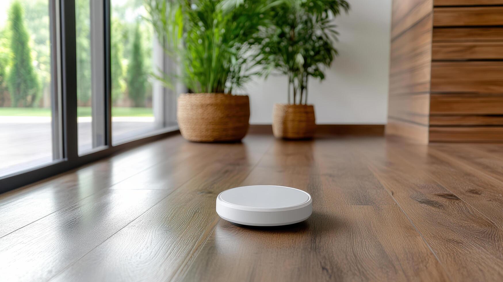 A white robot on the floor in front of a window photo