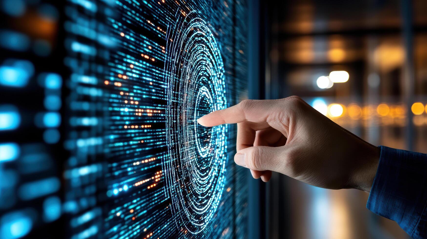 A hand touching a digital screen with binary code photo