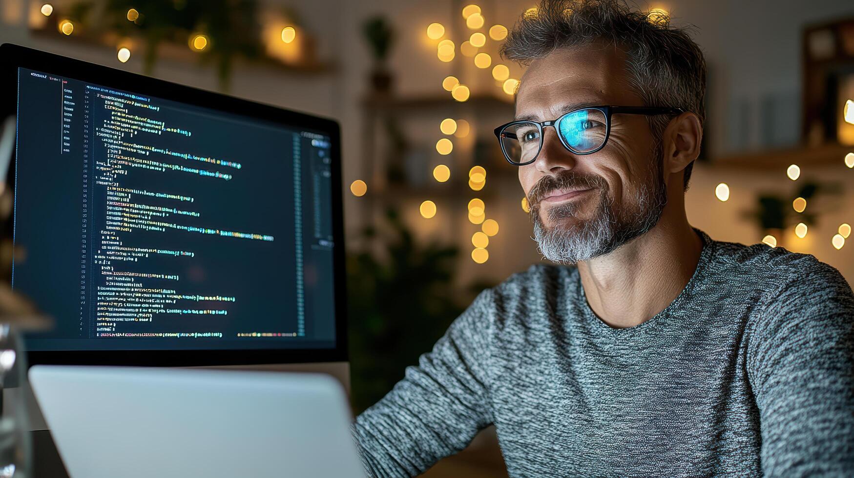A man with glasses and a sweater is working on a computer photo