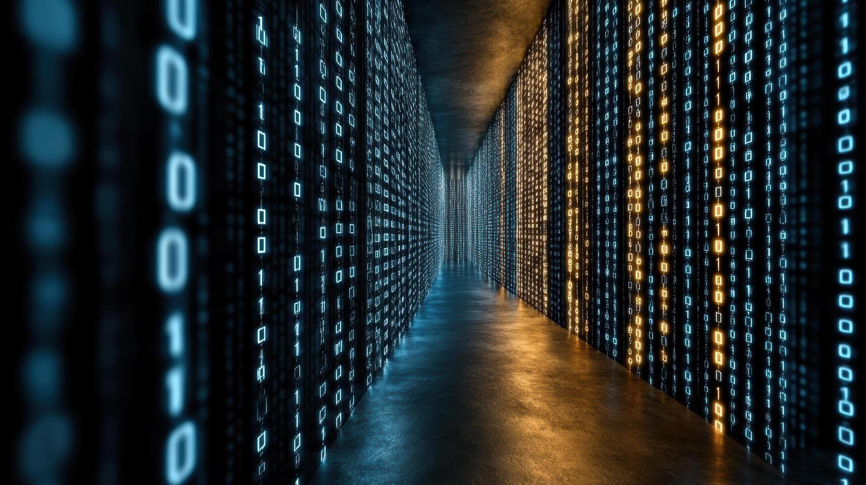 A hallway with many binary numbers on it photo