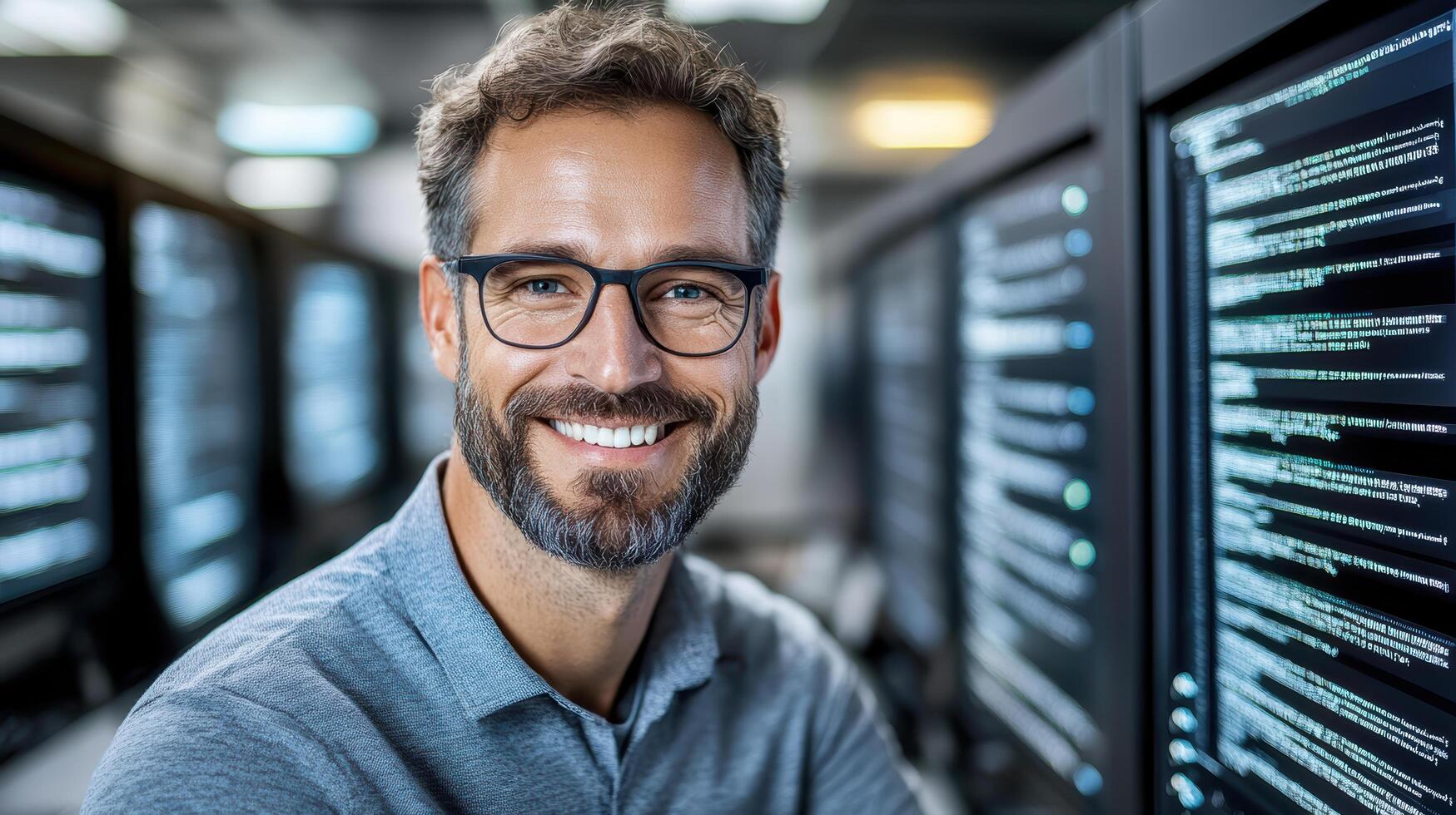 A man with glasses and a beard is smiling in front of computer screens photo