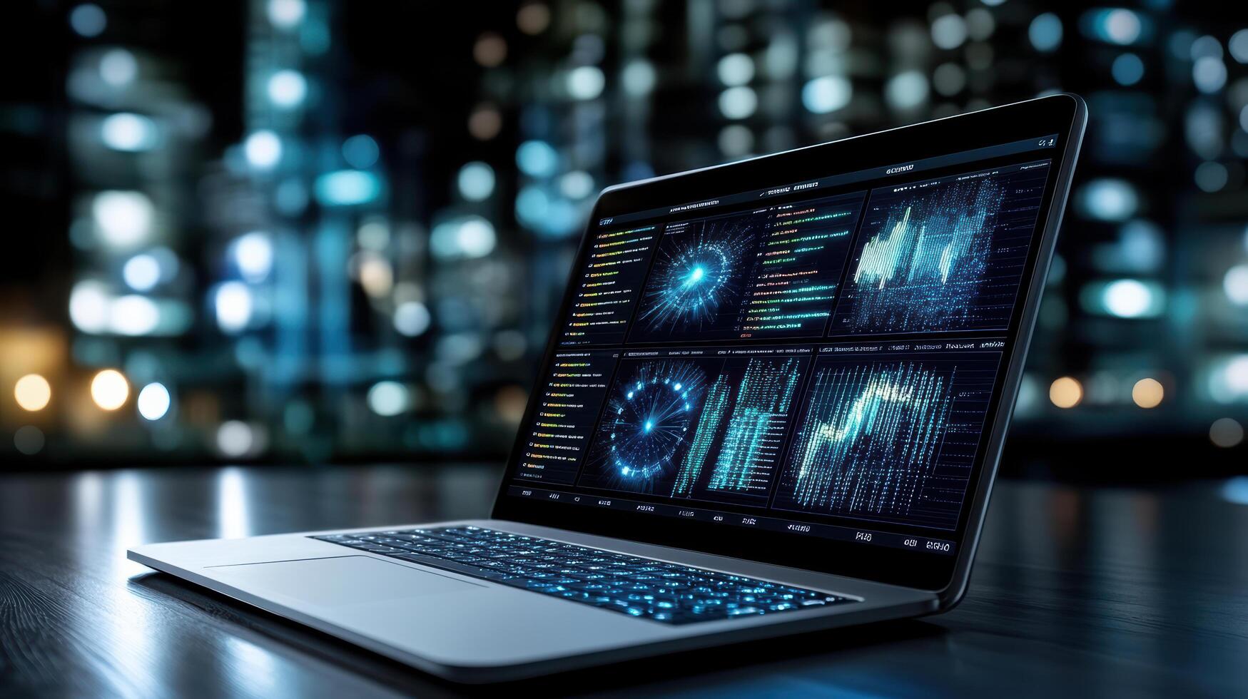 A laptop computer with data on it in front of a cityscape photo