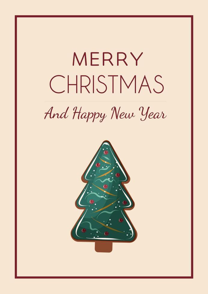 Minimalist Christmas greeting card with cookie in the shape of Christmas tree on white background. vector