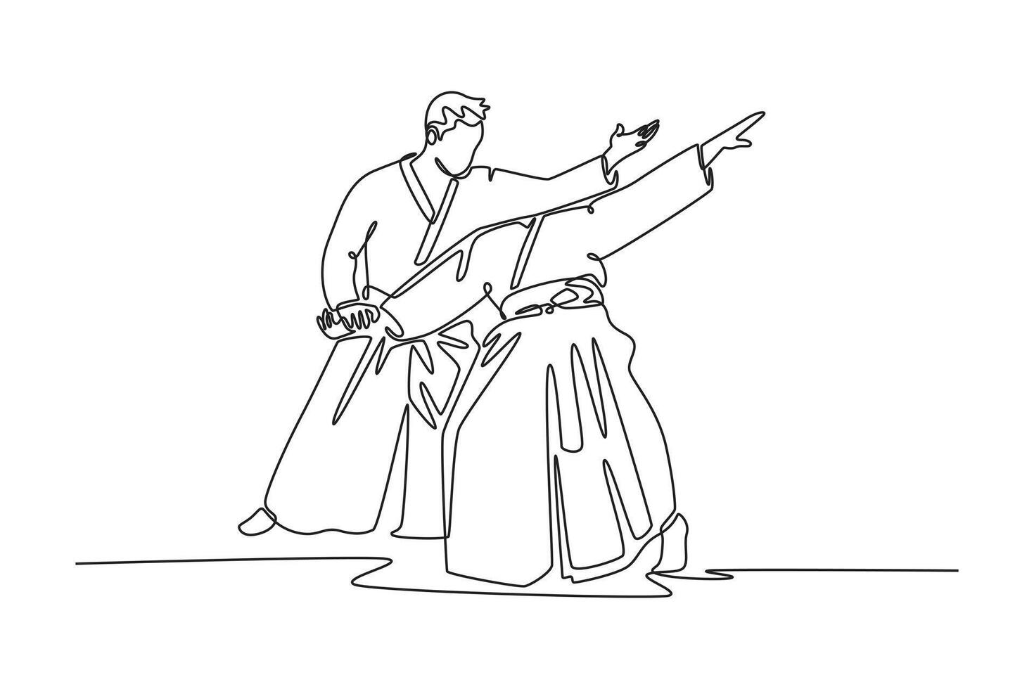 Continuous one line drawing two men performing Aikido technique, one figure extending his partner's arm to redirect his energy, controlled motion. Single line draw design graphic illustration vector