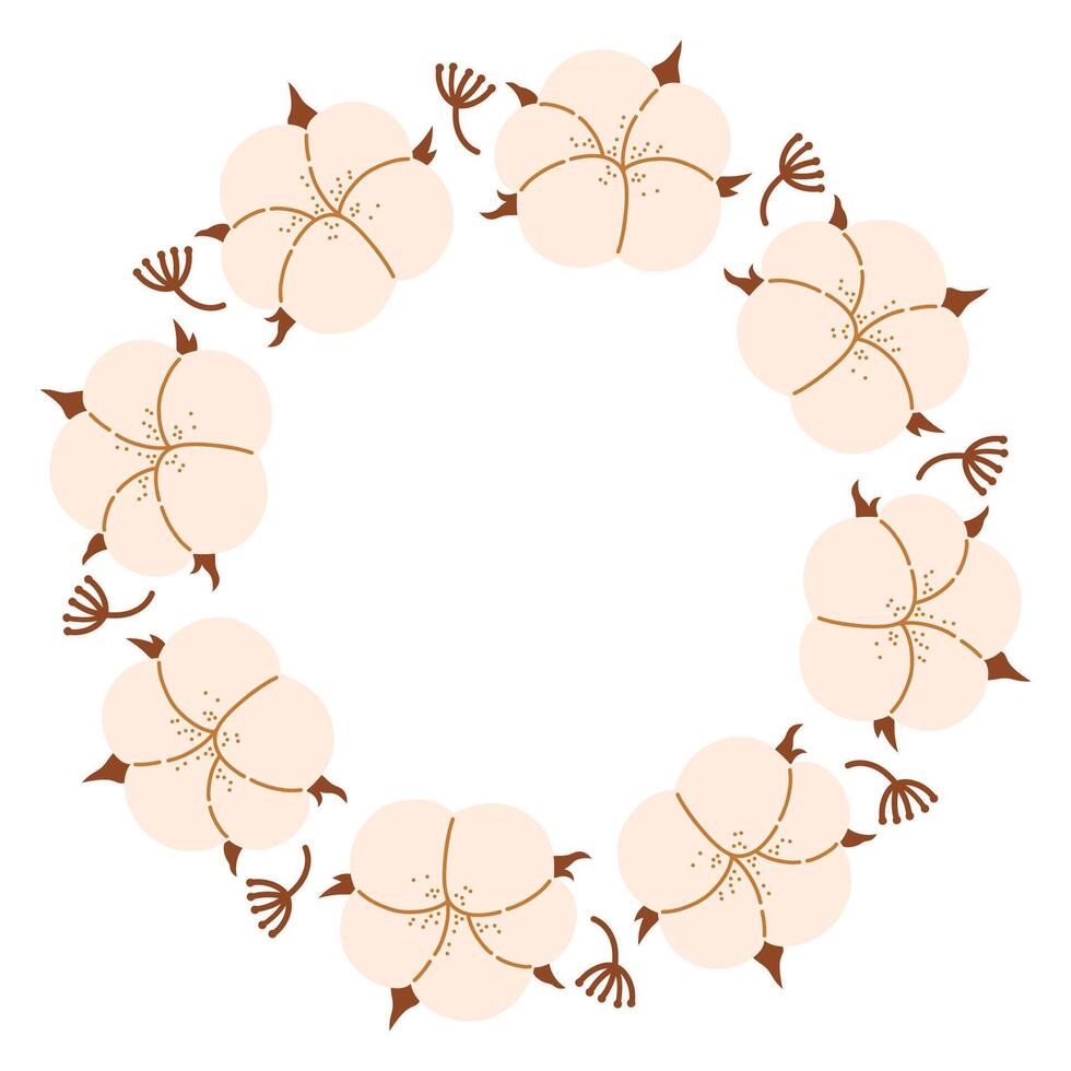 Autumn simple cotton boll circle frame. Round border made of cotton boxes. The cotton is arranged in a circle. flat isolated on white background. vector