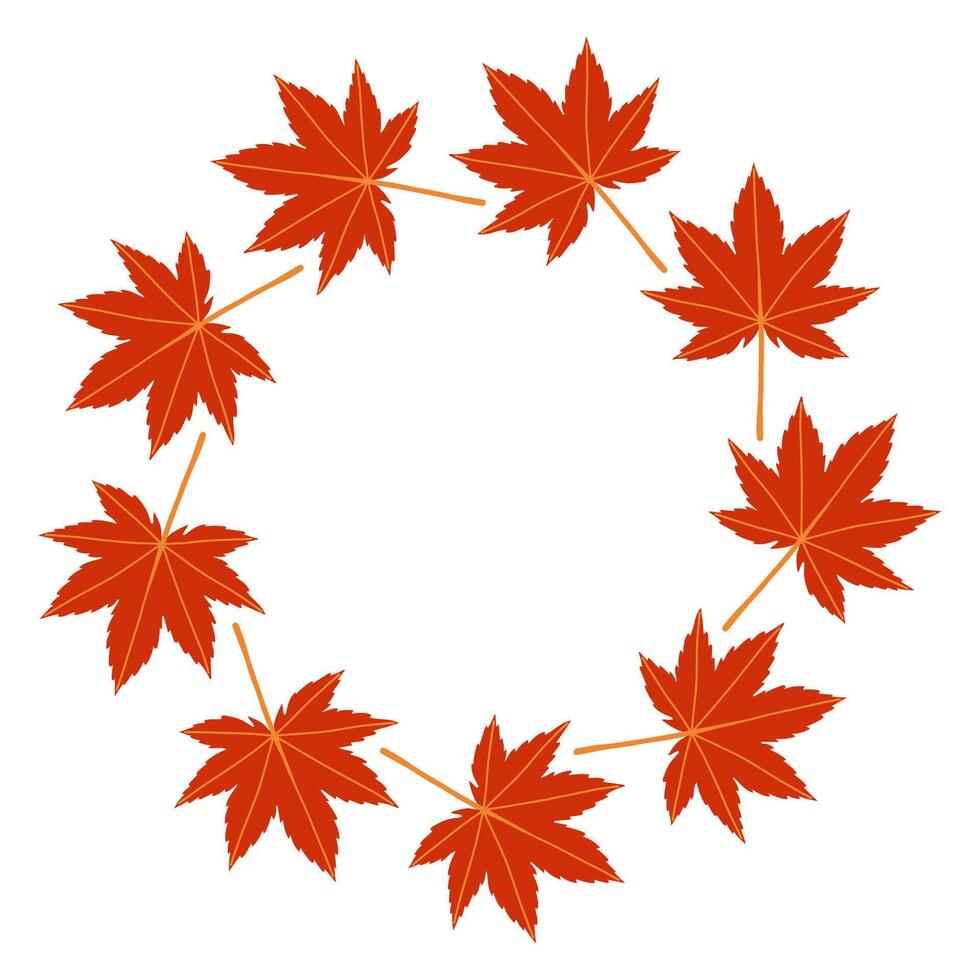 Autumn red leaves circle frame. Round border made of fall leaves. The leaves are arranged in a circle. flat isolated on white background. vector