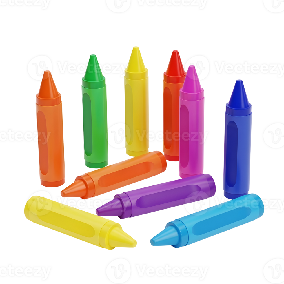 A vibrant collection of multicolored drawing crayons arranged in a circular composition, isolated on a transparent background. png