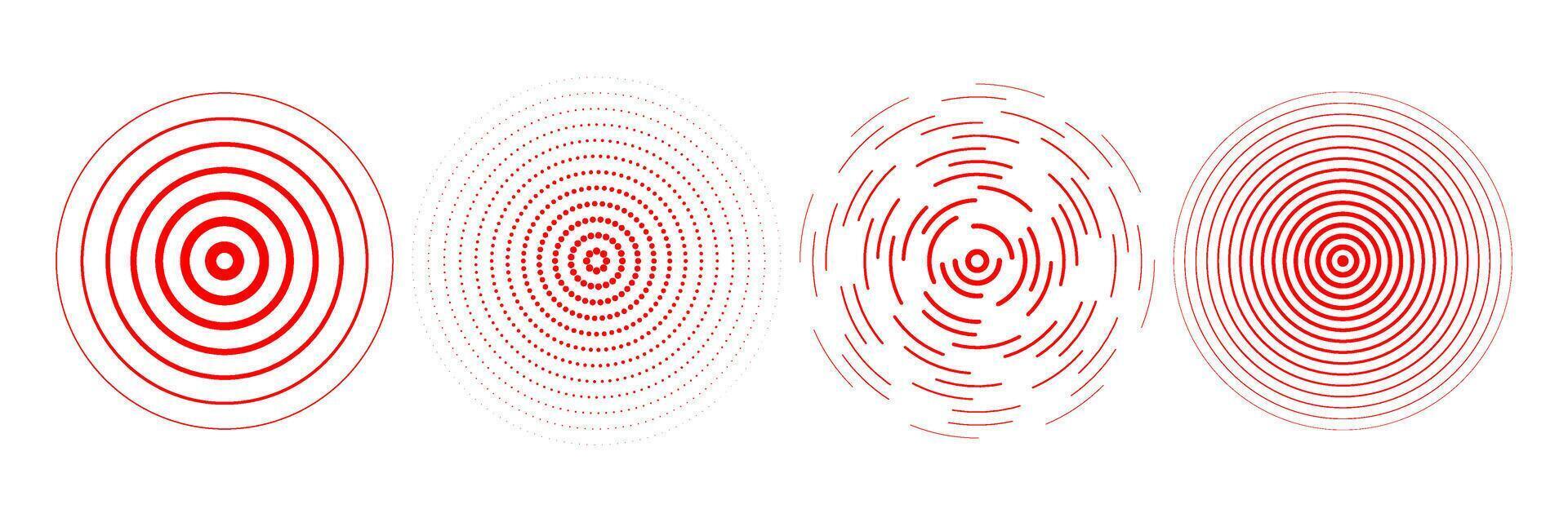 Red radial concentric circle set. Sound wave signal collection. Halftone, dashed and dotted rings for epicenter, target, radar, earthquake shockwave symbols. Ripple expansive vibration elements vector