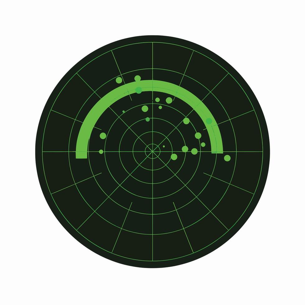 Radar Screen Displaying Multiple Targets with a Curved Sweep Line and Concentric Circles Indicating Distance vector