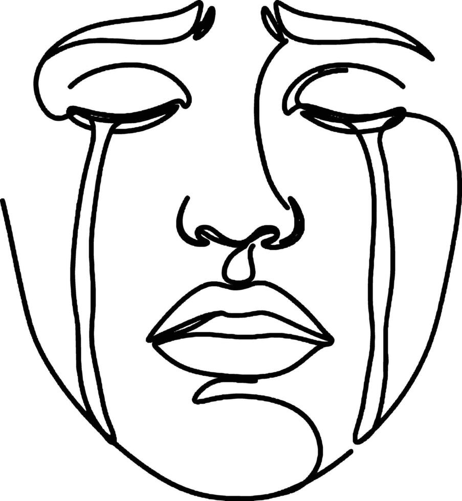 Minimalist One Line Drawing of Sad Face Simple one line sketch of a crying face. Great for emotional, sadness, depression, and abstract expression project vector