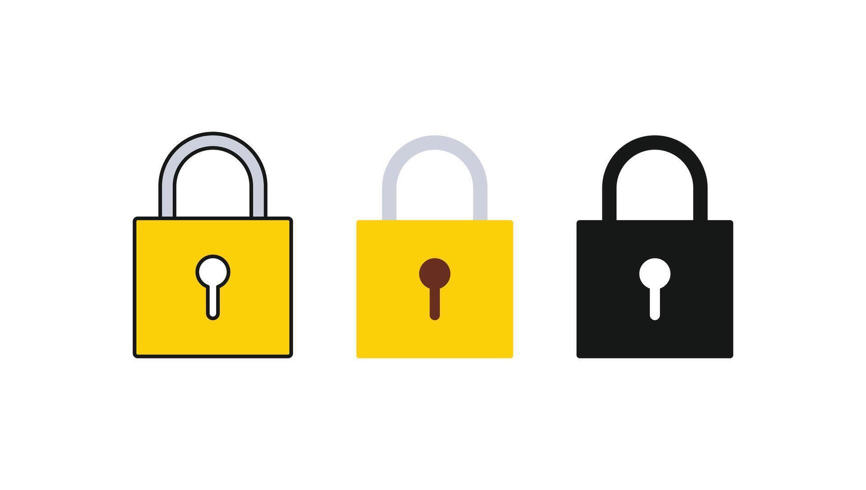 Icon set of padlocks in various styles, including colorful, flat, and solid black. Great for cybersecurity, privacy, and website lock concepts vector
