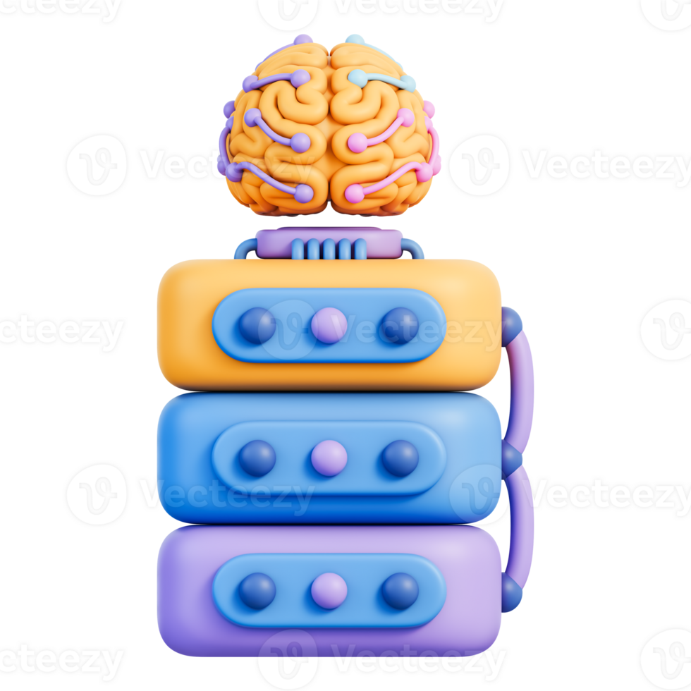 Brain connected to data servers with neural network nodes, artificial intelligence for cybersecurity, data protection, database encryption, cloud computing and digital security, 3d illustration png