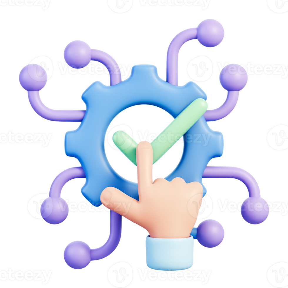 I gear with checkmark and hand touch for approval and validation, compliance review, workflow automation and process control, verification dashboard, quality assurance, monitoring, 3d illustration png
