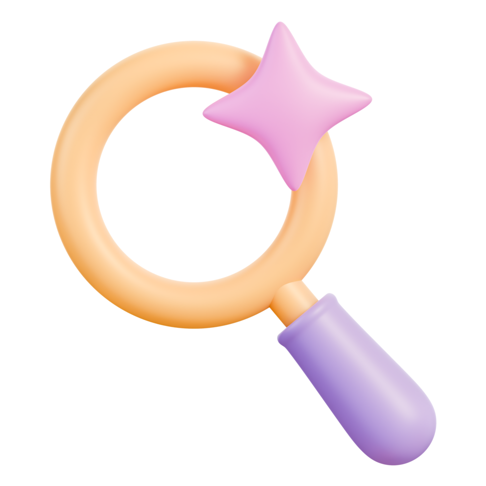 Search magnifier lens icon with star sparkle highlight, zoom and focus tool for find, inspect and scan, review and analysis, check, verify, validate, file lookup and preview, 3d illustration png
