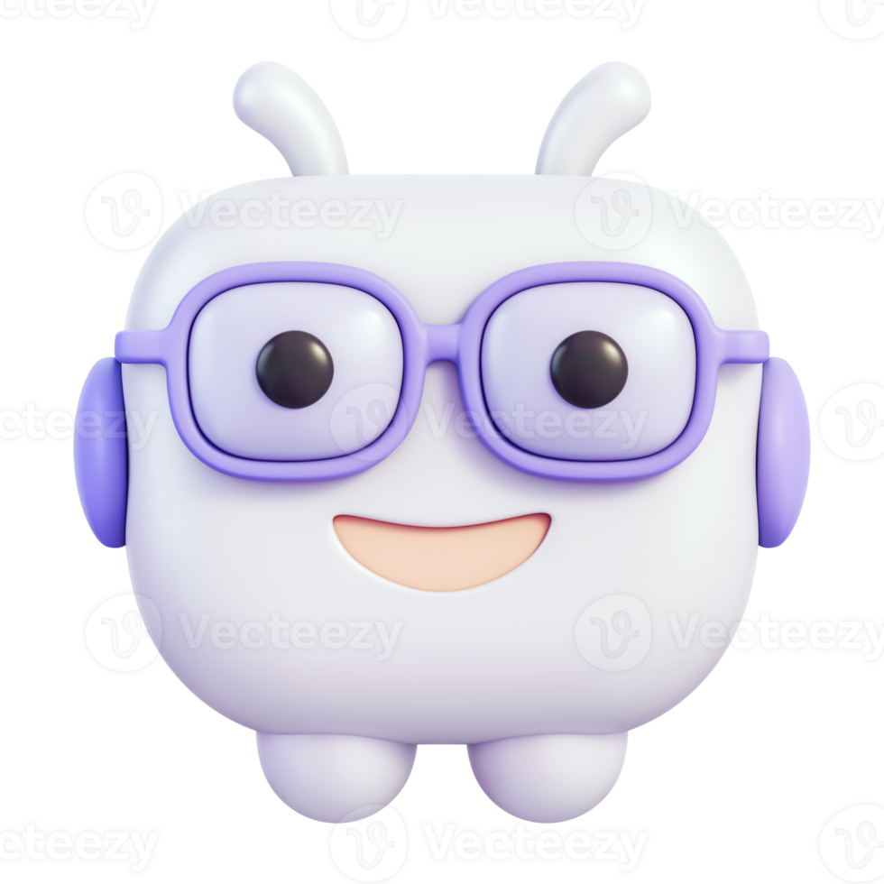 chatbot asistente personaje con lentes y auriculares, virtual agente para cliente apoyo y mesa de ayuda, charla mensajería conversacion y responder, simpático avatar para aplicación ui, 3d ilustración png